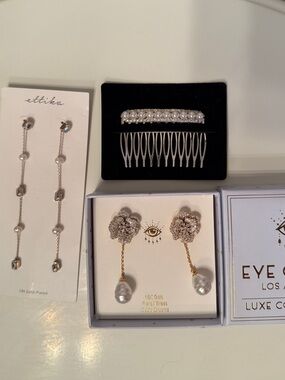Eye Candy Los Angeles Pearl Drop Floral and Ettika Earrings with hair clip